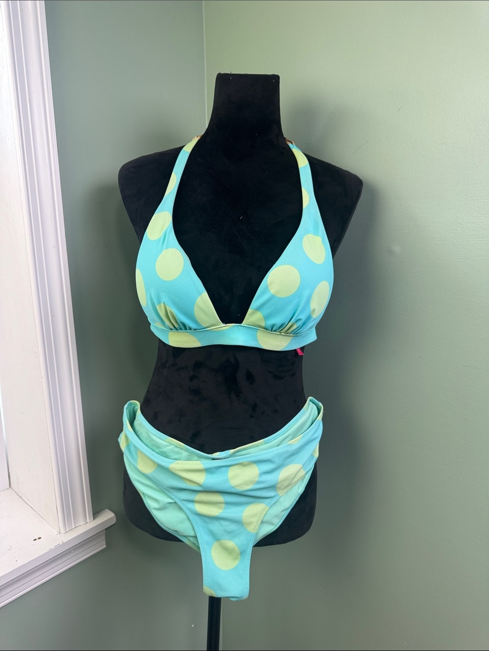 Victoria Secrets Aqua Polka Dot Halter Bikini Set - Yellow Dots medium